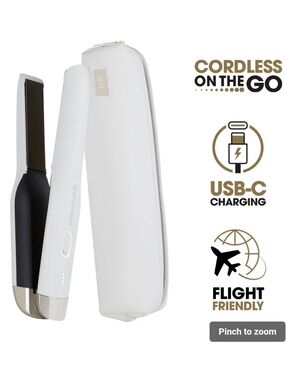 ghd Unplugged white travel flat iron with matching pouch + charging accessories